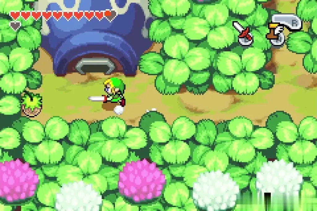 Link slashing clover beside the blue round house of the Forest Minish Link slashing clover beside the blue round house of the Forest Minish