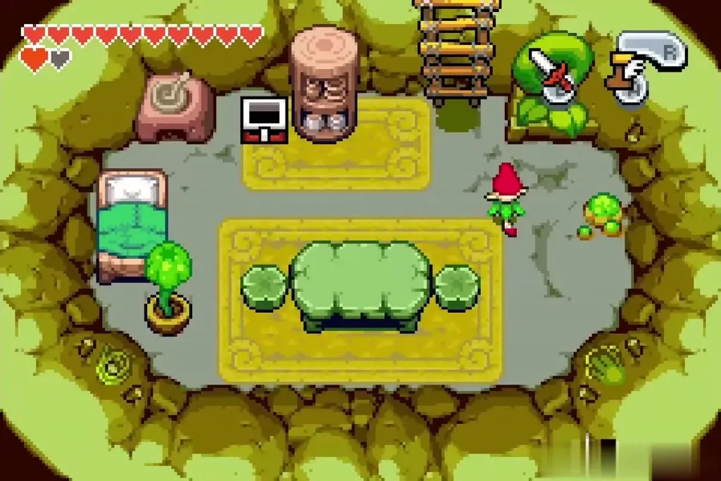 Link in the Forest Minish's round room beside the red-capped Minish Link in the Forest Minish's round room beside the red-capped Minish