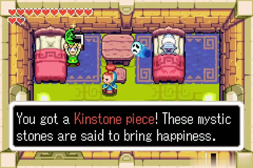 Link holding up a Kinstone piece in the house with a ghost and two beds Link holding up a Kinstone piece in the house with a ghost and two beds