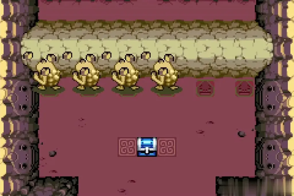 Four Gorons lined up at the wall in their cave, blue chest below Four Gorons lined up at the wall in their cave, blue chest below