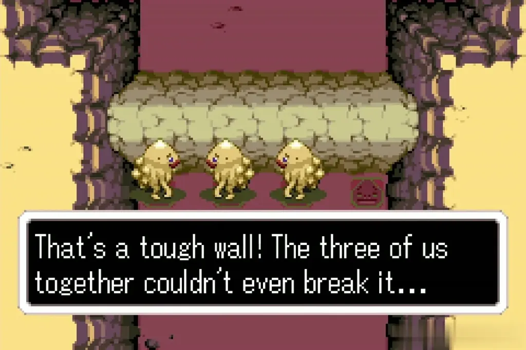 Three Gorons in their cave facing a rock wall they cannot break Three Gorons in their cave facing a rock wall they cannot break