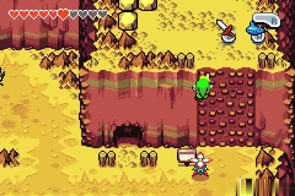 Link climbing the rock wall beside the cave door of Grayblade's dojo Link climbing the rock wall beside the cave door of Grayblade's dojo
