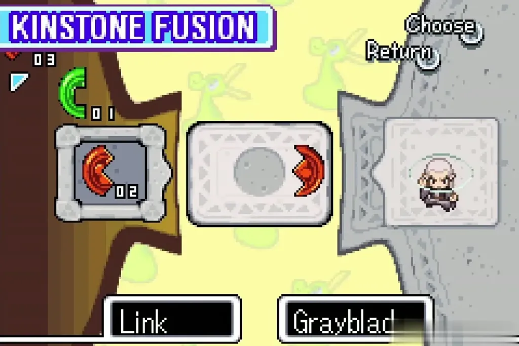 Kinstone Fusion screen with Link's red piece and Grayblade Kinstone Fusion screen with Link's red piece and Grayblade