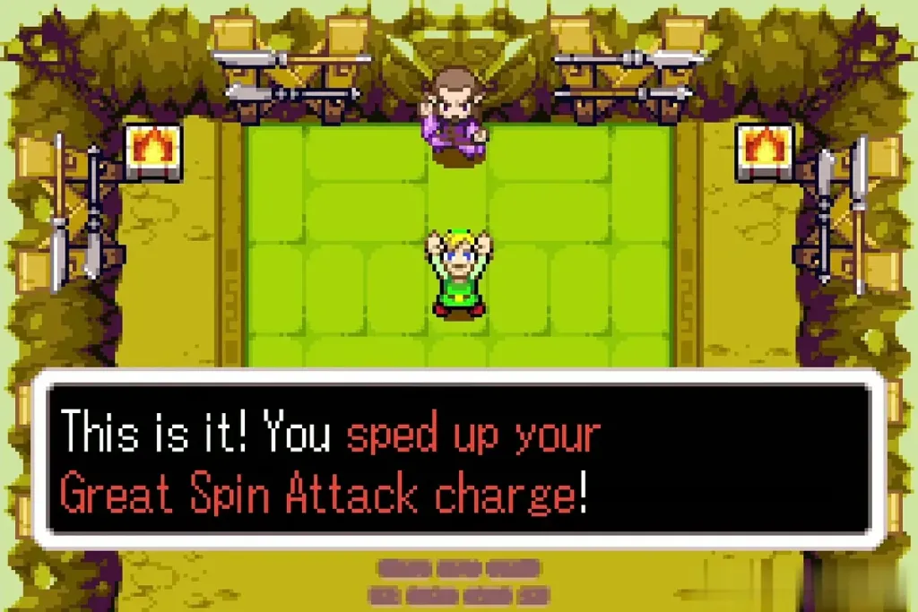 Link cheers as the dojo says the Great Spin Attack charge is sped up Link cheers as the dojo says the Great Spin Attack charge is sped up