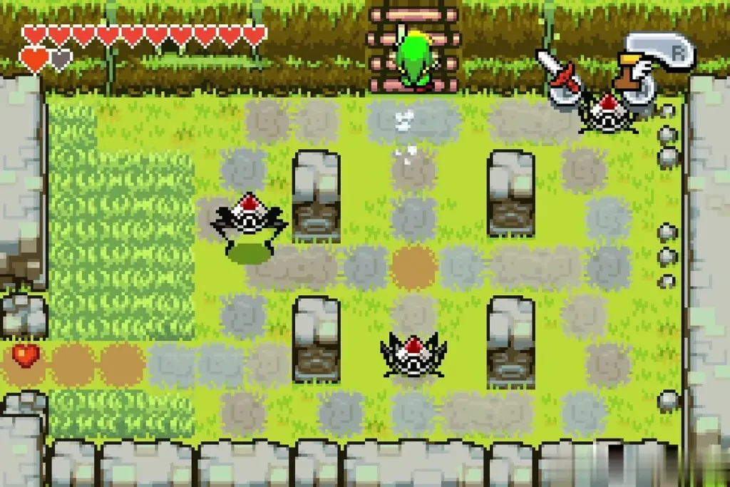 Link on a ladder above the green block maze guarded by Spiny Beetles Link on a ladder above the green block maze guarded by Spiny Beetles