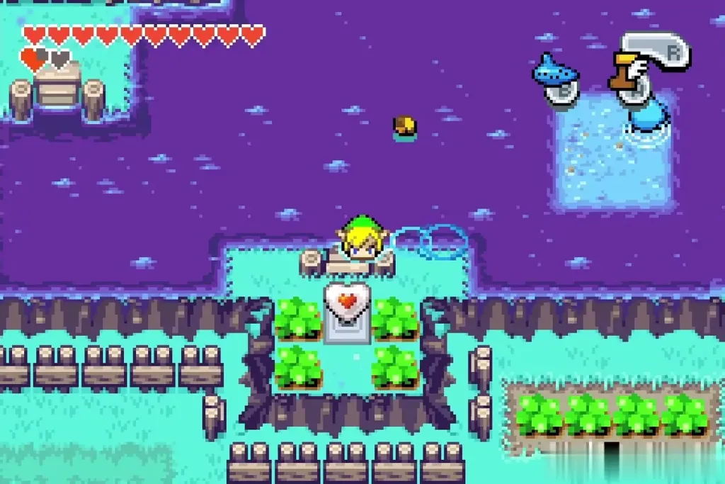Link reaching the grassy island with the Piece of Heart pedestal Link reaching the grassy island with the Piece of Heart pedestal