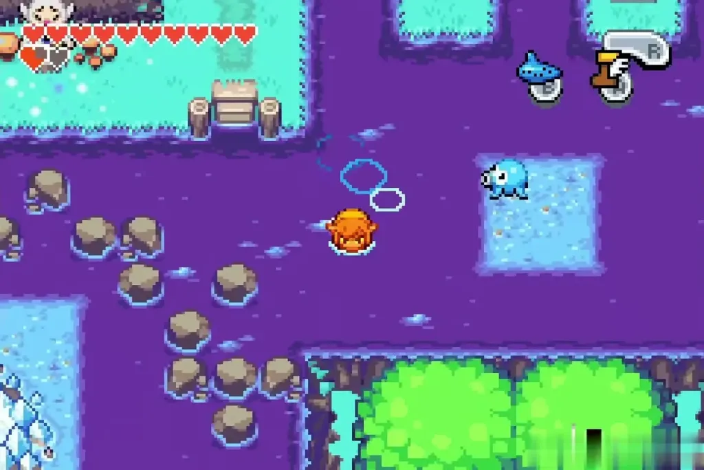 Link swimming across the purple lake past an Octorok Link swimming across the purple lake past an Octorok