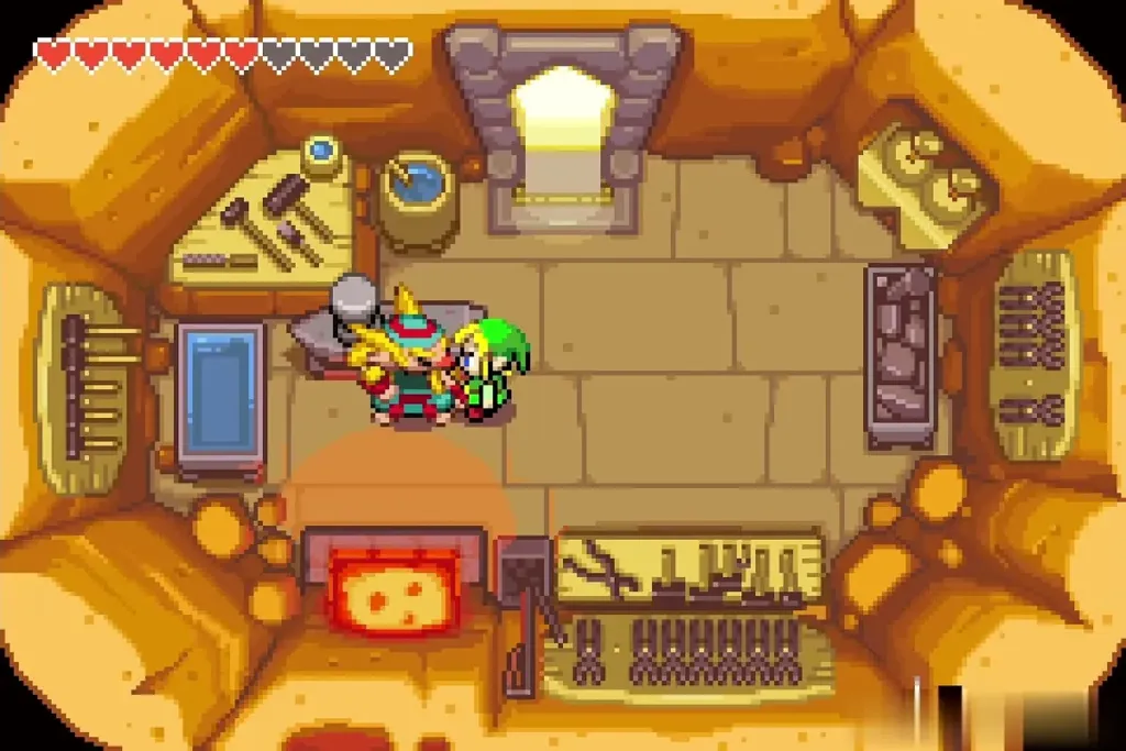 Link with Melari the Minish smith in his forge Link with Melari the Minish smith in his forge