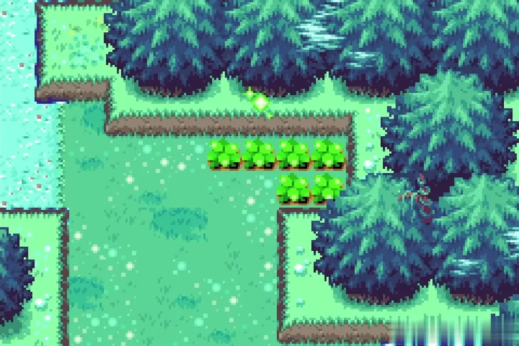Minish Woods seen from above, a sparkle appearing on a bushy ledge Minish Woods seen from above, a sparkle appearing on a bushy ledge