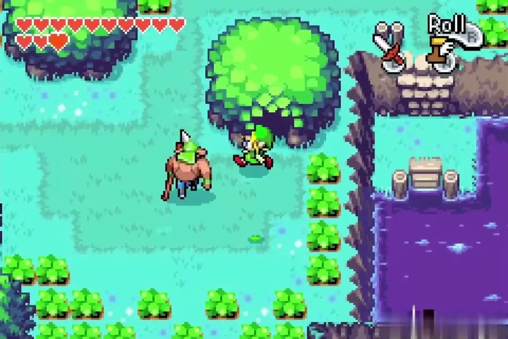 Link outside the dojo on the Lake Hylia shore beside a Moblin and a wooden platform Link outside the dojo on the Lake Hylia shore beside a Moblin and a wooden platform