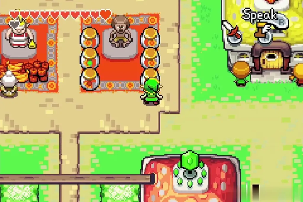 Link walking up to the stall owner's stall in the Hyrule Town market Link walking up to the stall owner's stall in the Hyrule Town market