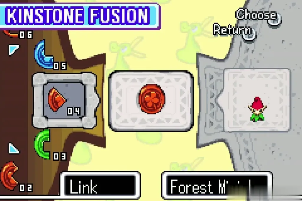 Kinstone Fusion screen with red pieces of Link and the Forest Minish joined Kinstone Fusion screen with red pieces of Link and the Forest Minish joined