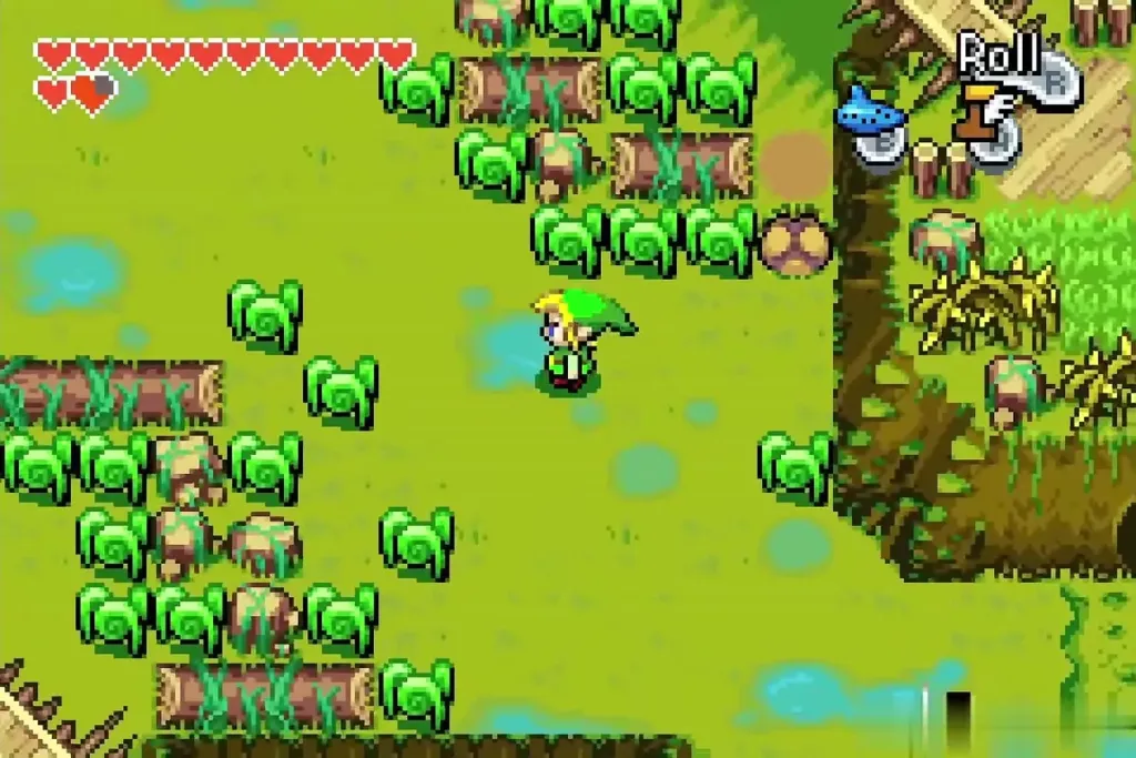 Link crossing the swamp past logs and stumps Link crossing the swamp past logs and stumps