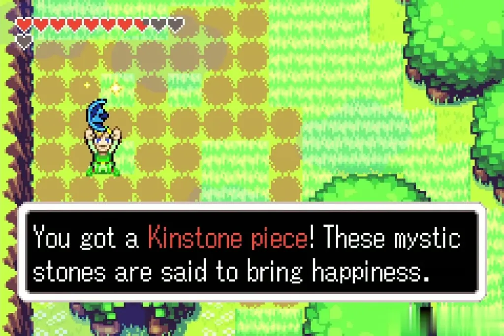 Link holding up a blue Kinstone piece in the grass field Link holding up a blue Kinstone piece in the grass field
