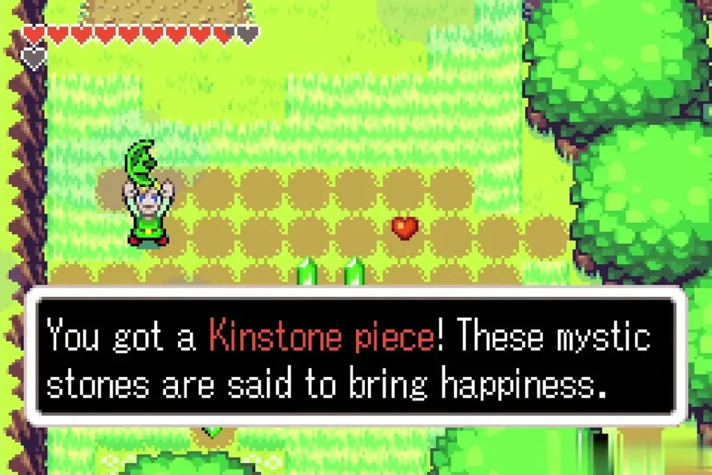 Link holding up another Kinstone piece in the lucky grass Link holding up another Kinstone piece in the lucky grass