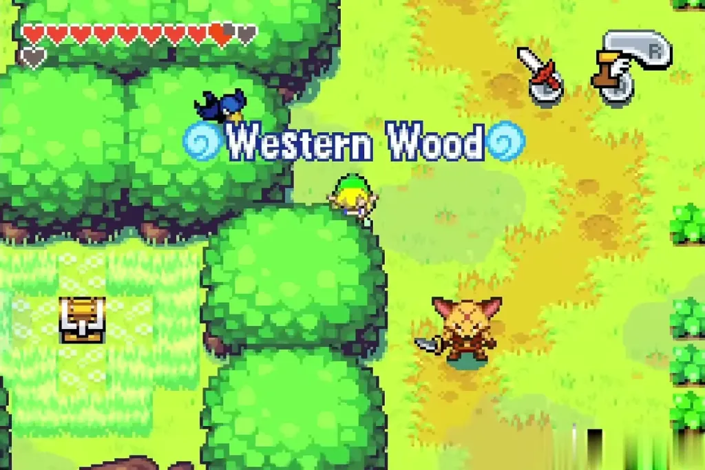 Link walking through Western Wood past a chest on a ledge Link walking through Western Wood past a chest on a ledge