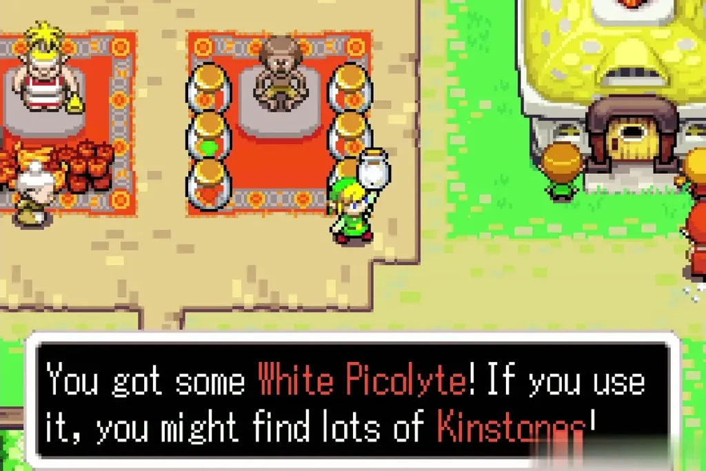 Link holding up a bottle of White Picolyte in the market Link holding up a bottle of White Picolyte in the market
