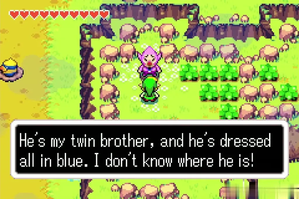 Link facing Ankle, the pink Minish, who talks about his twin brother Link facing Ankle, the pink Minish, who talks about his twin brother