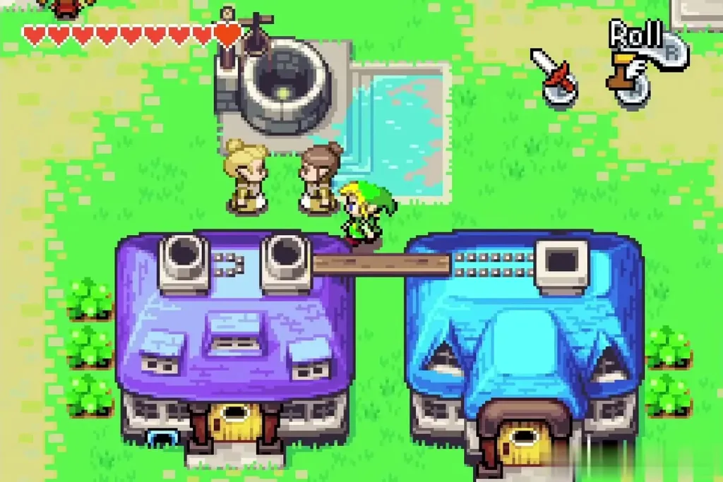 Link walking up to Candy and another townsperson beside the town well Link walking up to Candy and another townsperson beside the town well