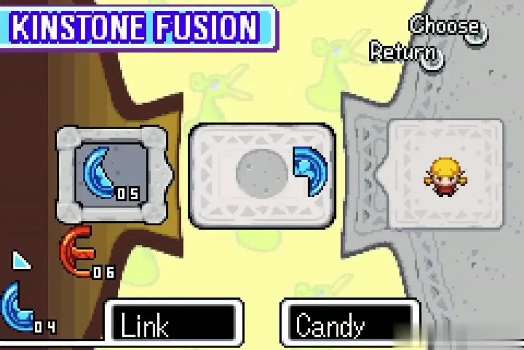 Kinstone Fusion screen with Link's blue piece about to meet Candy's half Kinstone Fusion screen with Link's blue piece about to meet Candy's half