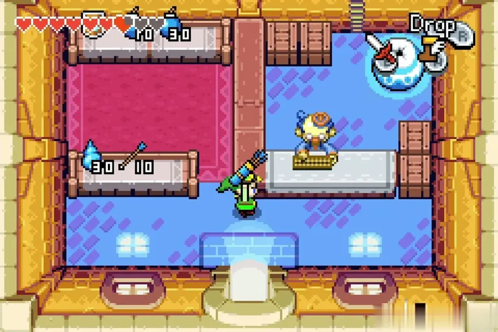 Link carrying the quiver from the shelf toward the shopkeeper inside the shop Link carrying the quiver from the shelf toward the shopkeeper inside the shop