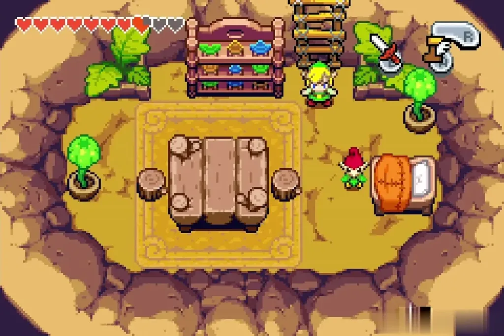 Link inside the Minish house facing the Forest Minish Link inside the Minish house facing the Forest Minish