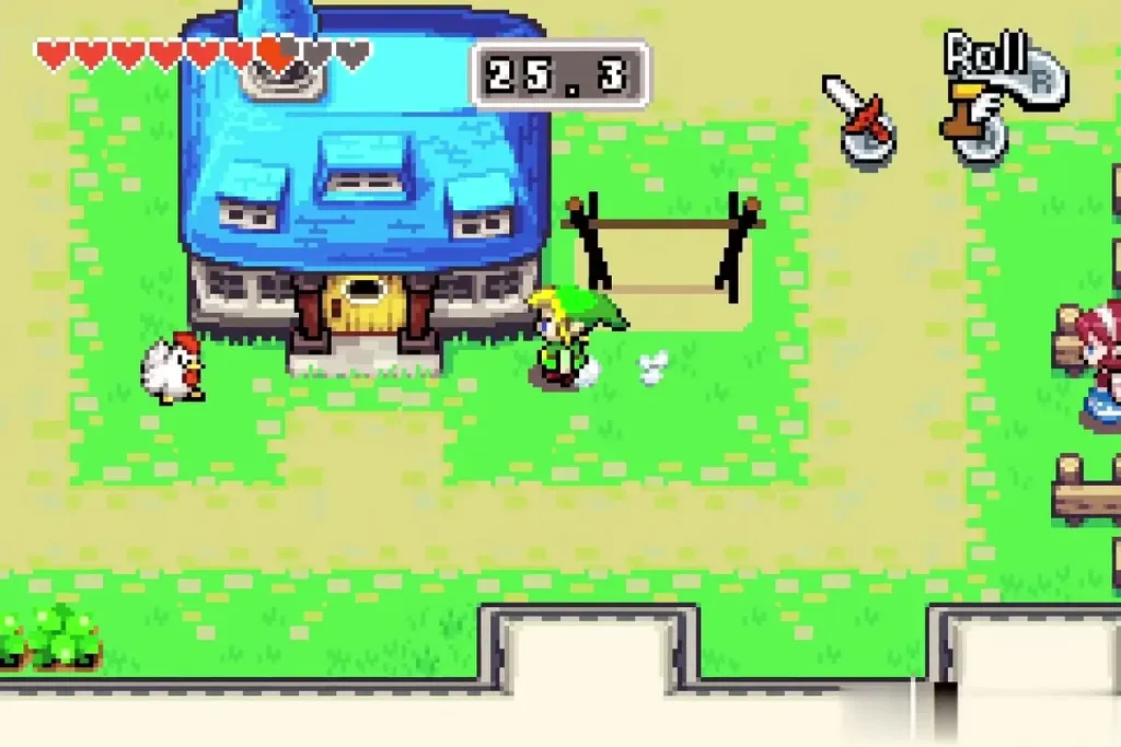 Link chasing a cucco past the blue house with the timer running Link chasing a cucco past the blue house with the timer running