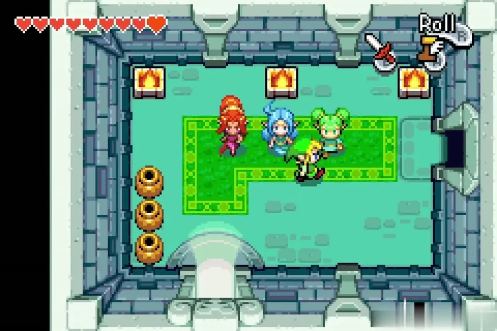 Link talking to the three sisters in the inn room Link talking to the three sisters in the inn room