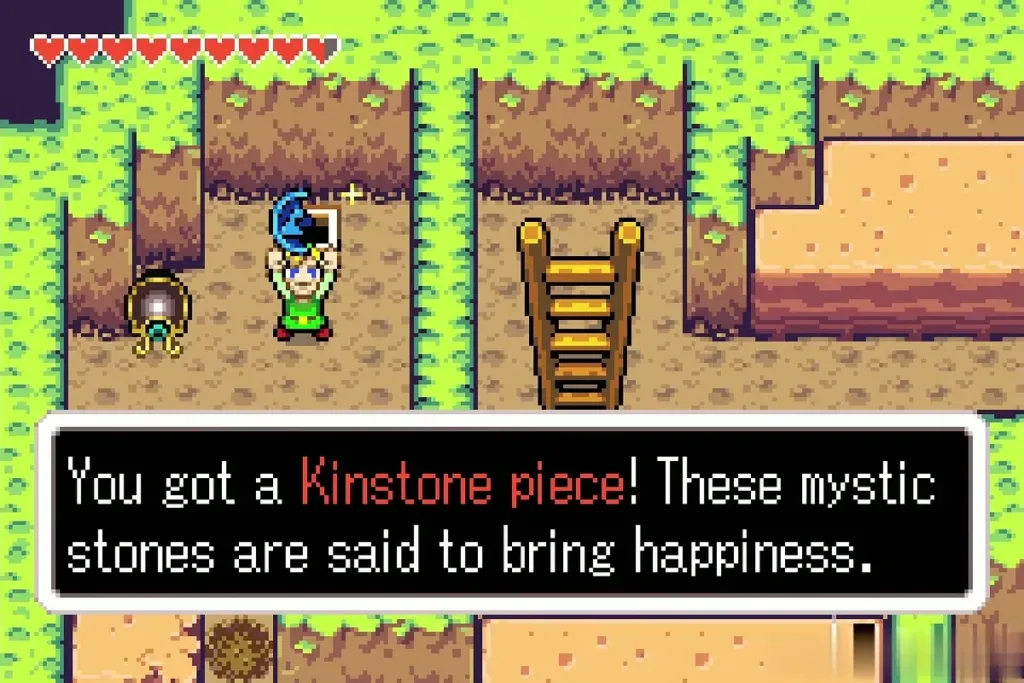 Link holding up a blue Kinstone piece on a Trilby Highlands cliff ledge Link holding up a blue Kinstone piece on a Trilby Highlands cliff ledge