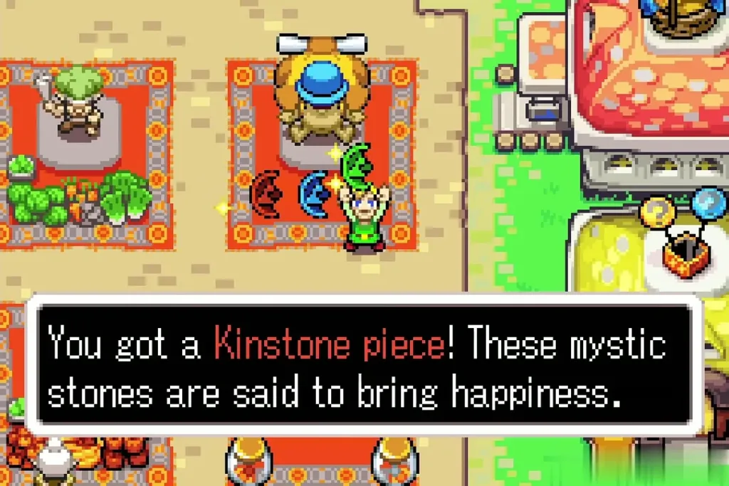 Link holding up the green Kinstone piece with the full message box shown Link holding up the green Kinstone piece with the full message box shown