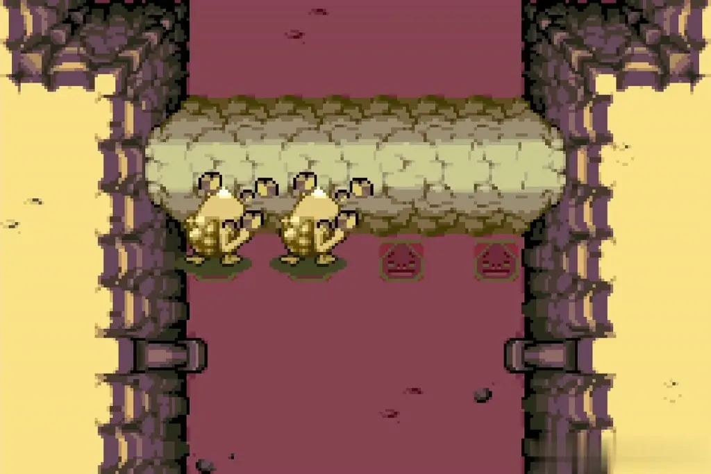 Two Gorons in the Goron cave facing the rock wall they are breaking Two Gorons in the Goron cave facing the rock wall they are breaking