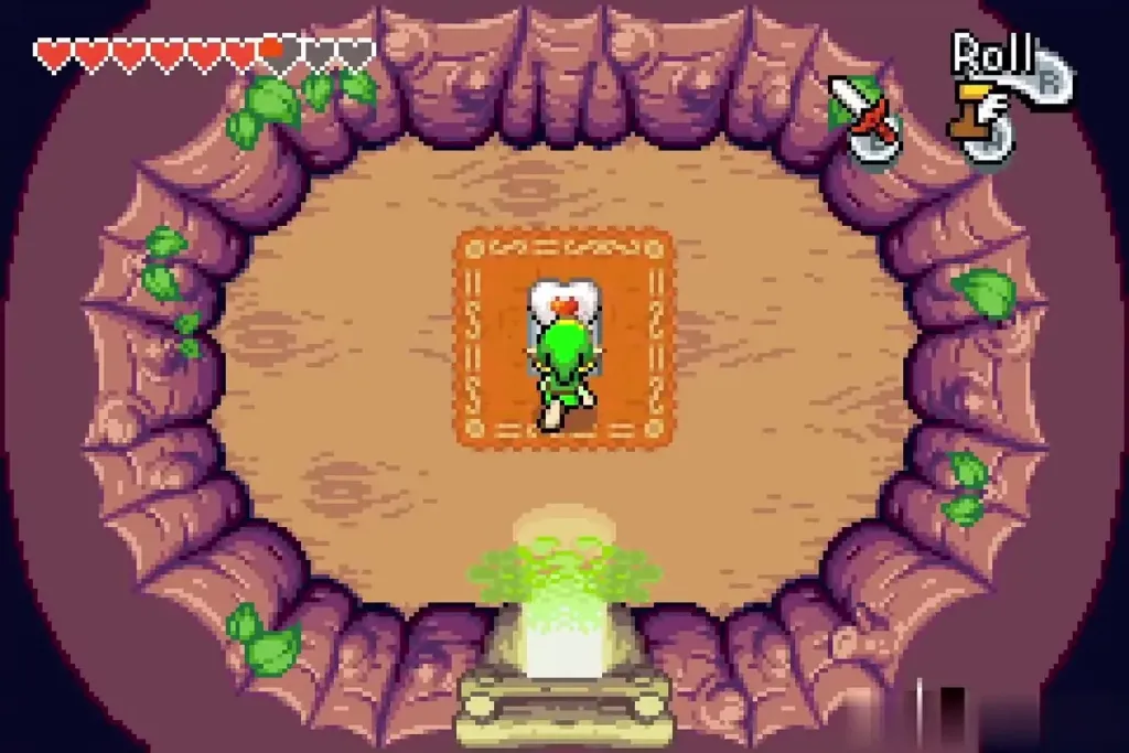 Link standing inside the hollow tree on the carpet Link standing inside the hollow tree on the carpet