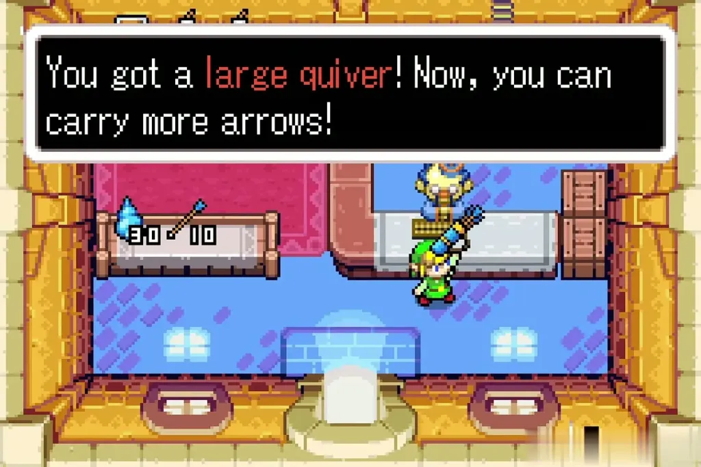 Link holding up the Large Quiver with the "You got a large quiver" message shown Link holding up the Large Quiver with the "You got a large quiver" message shown