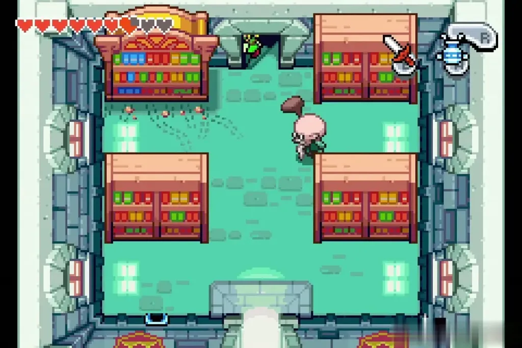 Link entering the Library where Sturgeon stands among the bookshelves Link entering the Library where Sturgeon stands among the bookshelves