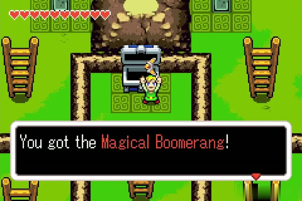 Link holding up the Magical Boomerang; message says he got the Magical Boomerang Link holding up the Magical Boomerang; message says he got the Magical Boomerang
