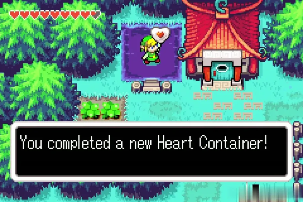 Link holding a heart; text says he completed a new Heart Container Link holding a heart; text says he completed a new Heart Container
