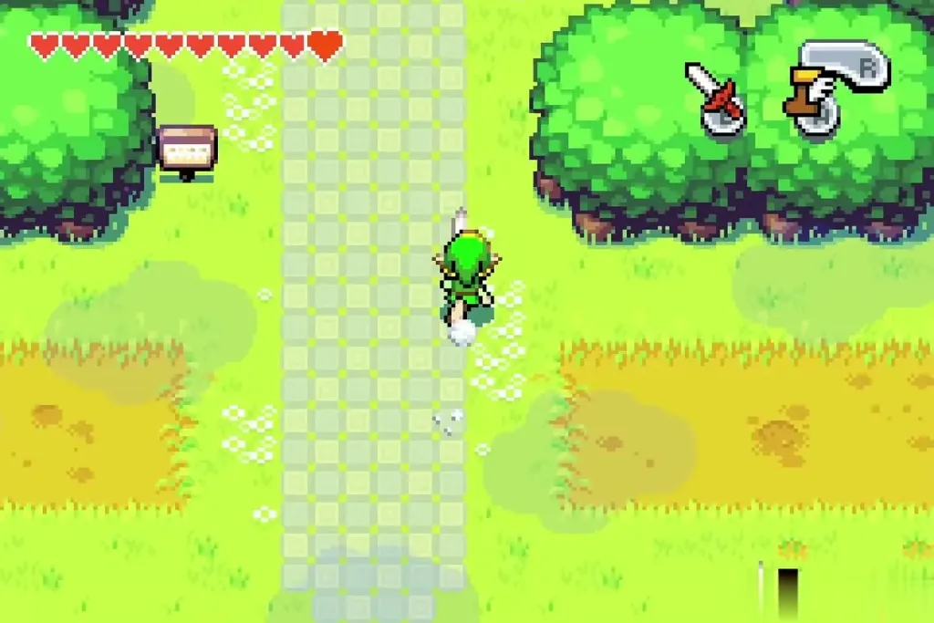 Link walking north on the stone path into North Hyrule Field Link walking north on the stone path into North Hyrule Field