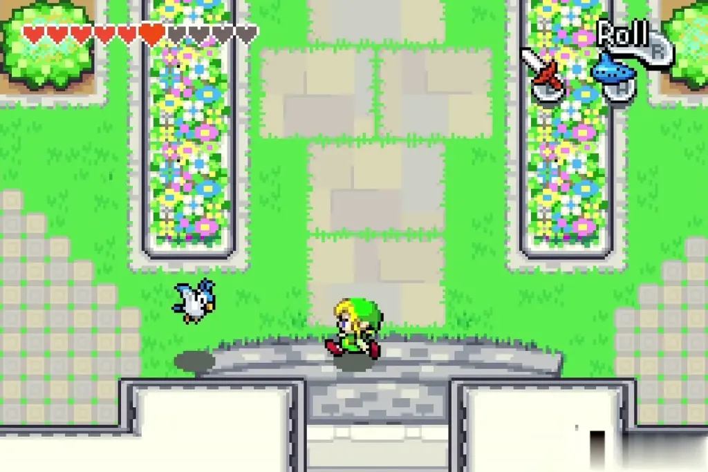 Link with the Ocarina of Wind and a bird at the castle garden entrance Link with the Ocarina of Wind and a bird at the castle garden entrance