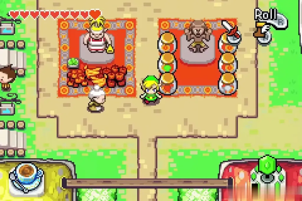 Link walking into the market stalls in Hyrule Town where merchants sit on mats Link walking into the market stalls in Hyrule Town where merchants sit on mats