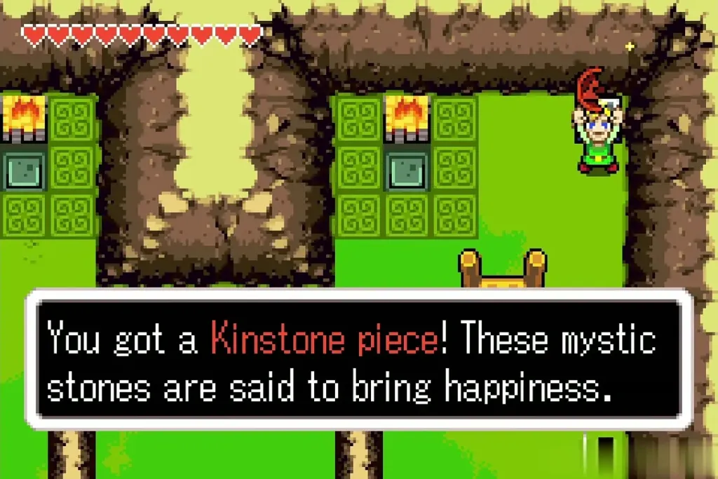 Link holding up a second red Kinstone piece with the full message box Link holding up a second red Kinstone piece with the full message box