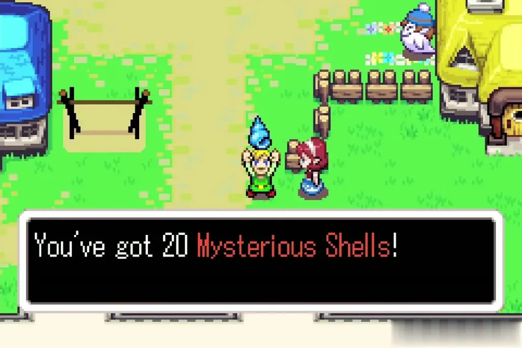 Link holding up Mysterious Shells with the message "You've got 20 Mysterious Shells!" shown Link holding up Mysterious Shells with the message "You've got 20 Mysterious Shells!" shown
