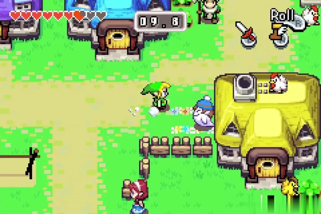 Link dashing through town after cuccos in Anju's seventh round with the timer running Link dashing through town after cuccos in Anju's seventh round with the timer running
