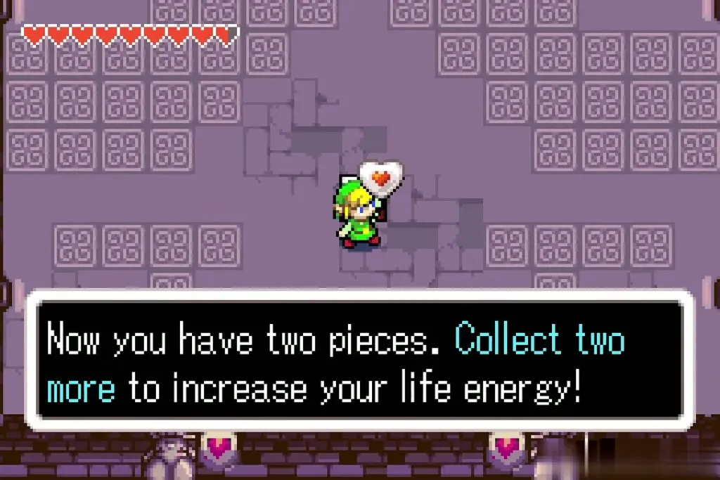 Message: Now you have two pieces. Collect two more to increase your life energy Message: Now you have two pieces. Collect two more to increase your life energy