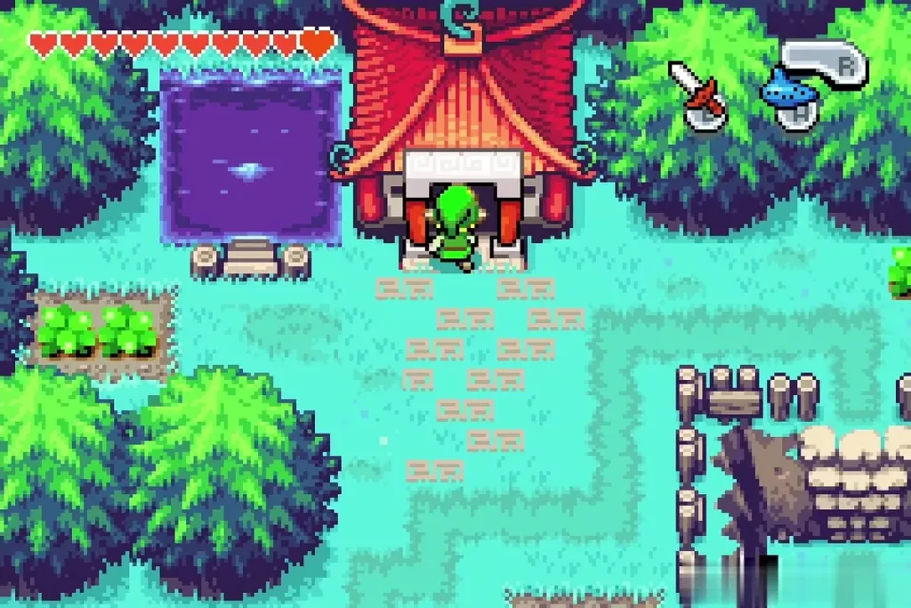Link stepping through the door of the red-roofed house at Lake Hylia Link stepping through the door of the red-roofed house at Lake Hylia
