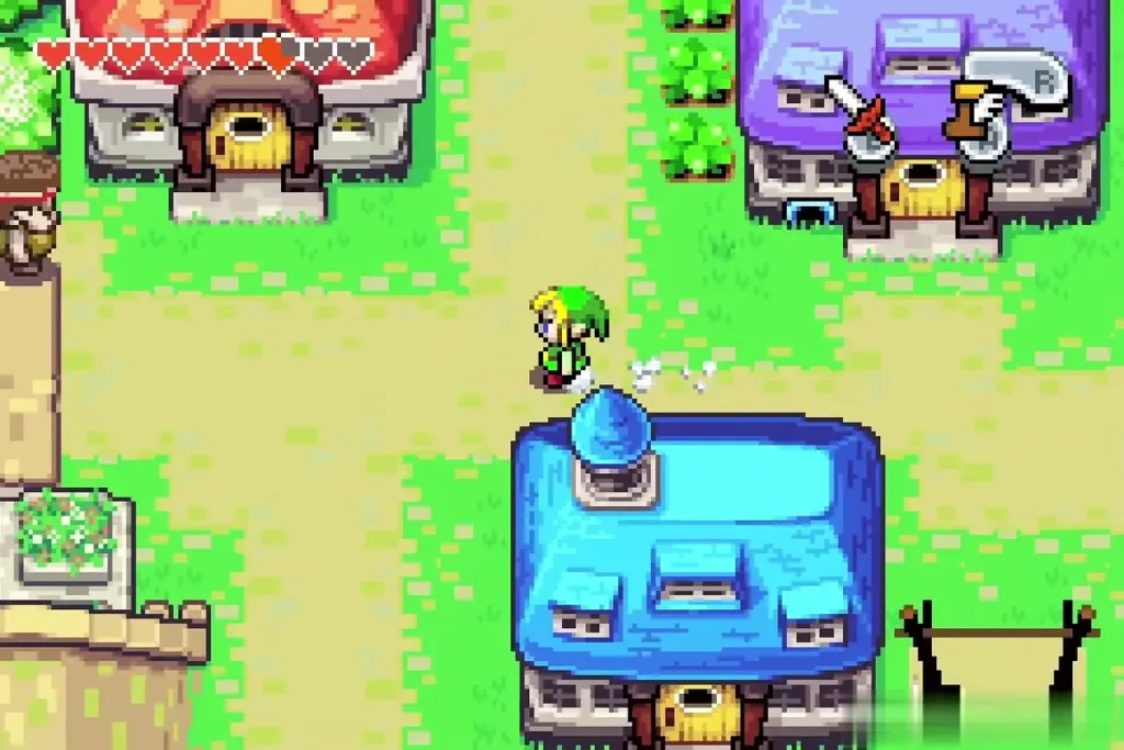 Link walking up to the blue-roofed Stockwell's Shop in Hyrule Town Link walking up to the blue-roofed Stockwell's Shop in Hyrule Town