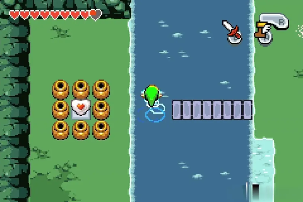 Link swimming with the Flippers up the river past a pot-ringed heart piece Link swimming with the Flippers up the river past a pot-ringed heart piece