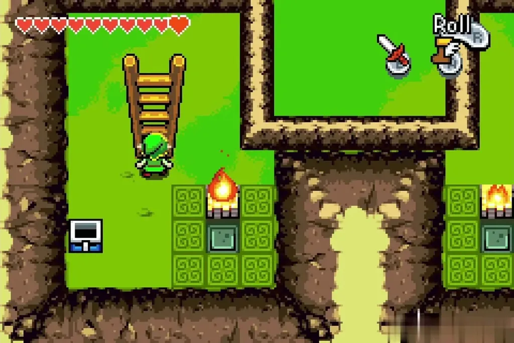 Link at the foot of a ladder beside a lit torch Link at the foot of a ladder beside a lit torch