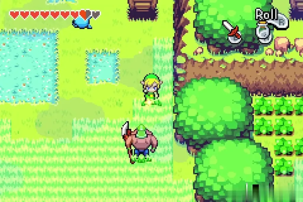 Link cutting through tall grass in Trilby Highlands with a Moblin approaching Link cutting through tall grass in Trilby Highlands with a Moblin approaching