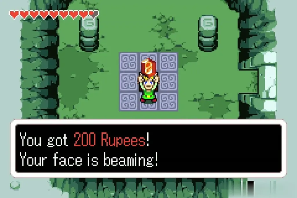Link holding up a red rupee with the 200 Rupees message shown in full Link holding up a red rupee with the 200 Rupees message shown in full