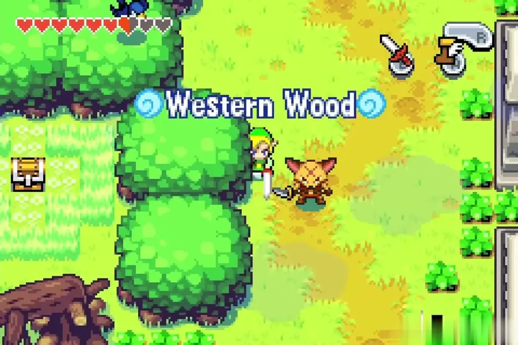 Link fighting a Moblin in the Western Wood clearing near the hollow tree Link fighting a Moblin in the Western Wood clearing near the hollow tree